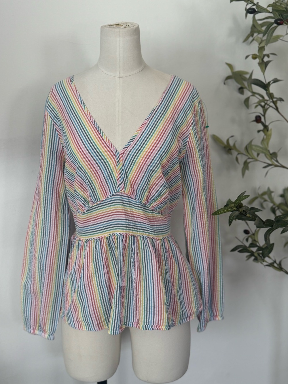 J. crew. V-neck peplum top in rainbow seersucker
